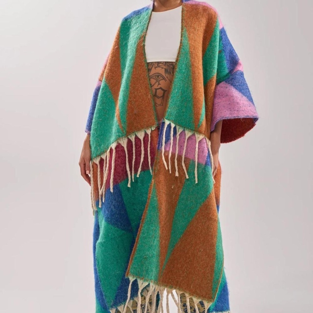 AKIRA Multicolor Geometric Fringe Poncho — Green, Blue, Rust, Pink, Cream